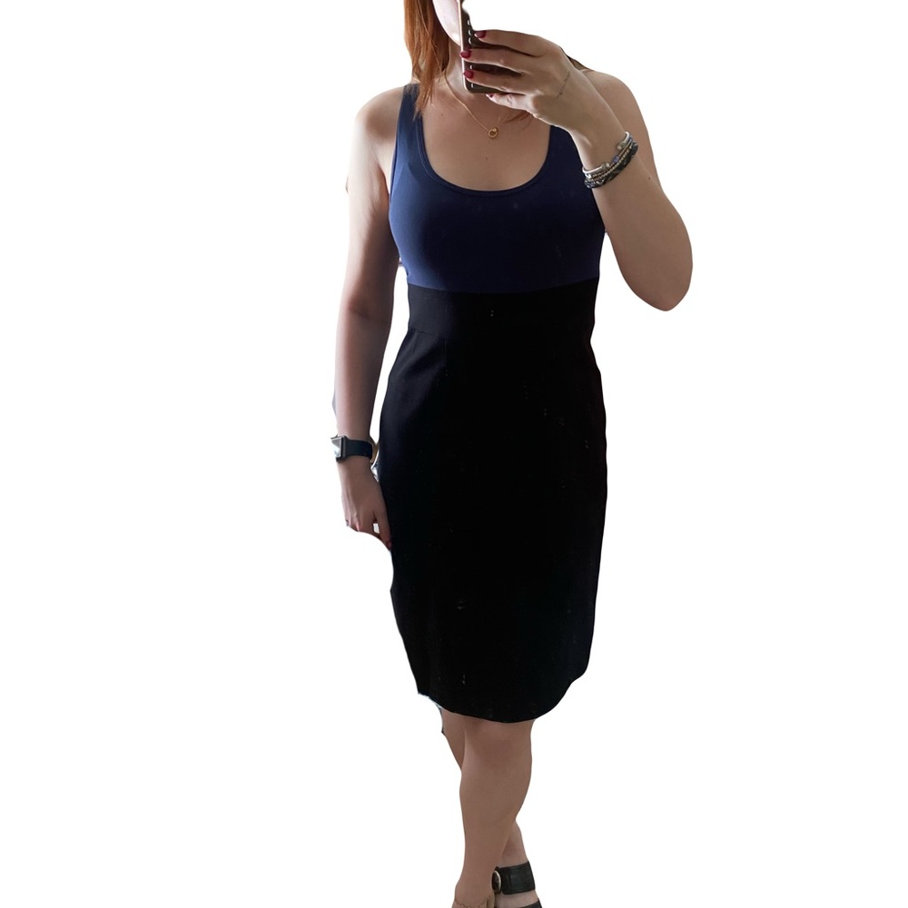 Theory Black Banded Navy Midi Dress Size 6